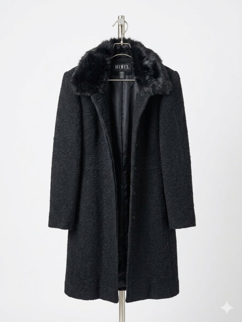 Womens Black Boucle Fur Collar Coat
